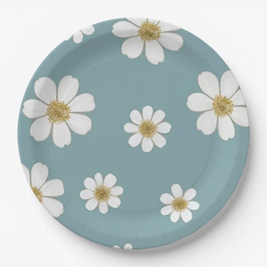 ダックエッグブルーとデイジー、オリジナルパターン ペーパープレート (正面)