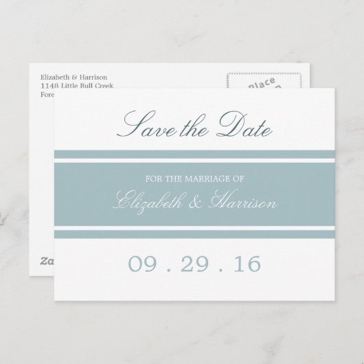 ダックエッグブルーモダンウェディング日付を保存 案内ポストカード (正面/裏面)