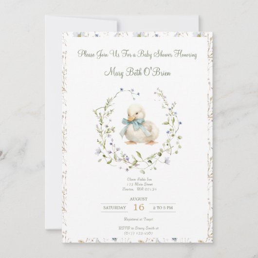 ダッククリングワイルドフラワーフローラベビーシャワー招待状 招待状 (正面)
