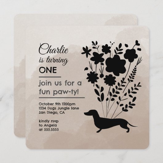 ダックシュント誕生日ガールポーティかわいい子犬 招待状 (正面/裏面)