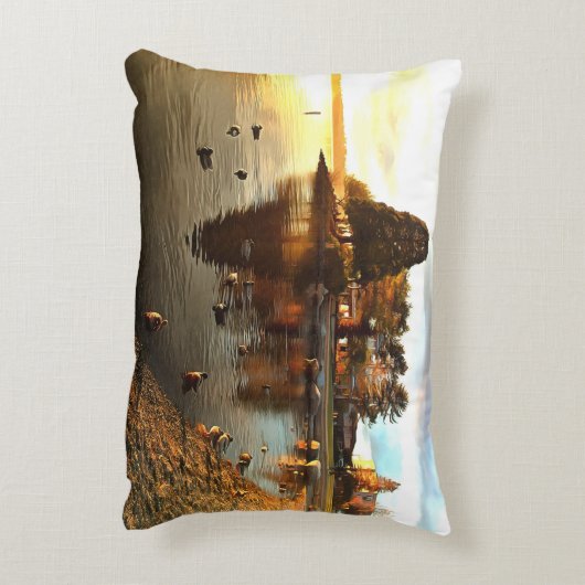 ダックスと木の日没アクセント枕 アクセントクッション (裏面(縦))