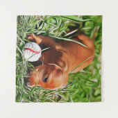 ダックスシャント子犬ボールクリスマスPosで草の中に敷設 タペストリー (正面(横))