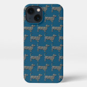 ダックスシャント犬かわいいシルエットグリッドブルー iPhoneケース (裏面)