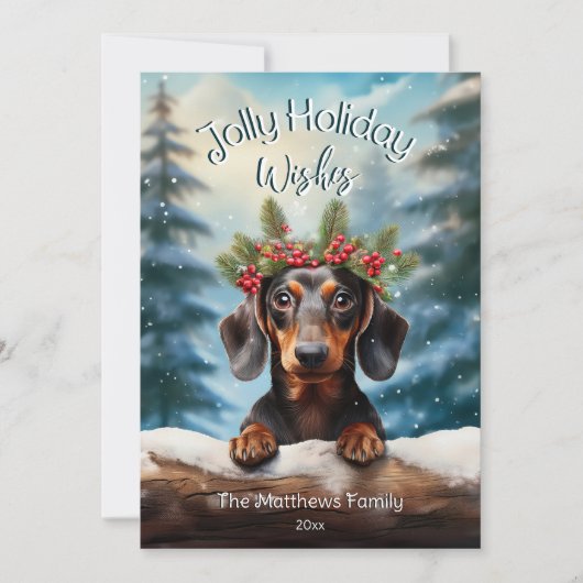 ダックスシャンドインスノーエンチャントフォレストペットポートレート シーズンカード (正面)