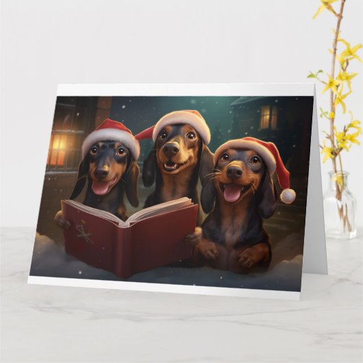 ダックスシャンドクリスマスカロラーズおもしろいホリデイ カード (黄色い花)