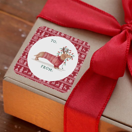 ダックスシャンドクリスマスドッグコージーレッドニットセーター スクエアシール