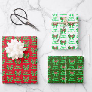 ダックスシャンドクリスマスドッグ&グリーンボウ3色 ラッピングペーパーシート