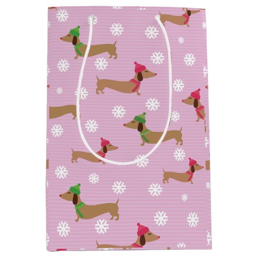 ダックスシャンドクリスマスラッピング紙かわいい雪の結晶 ミディアムペーパーバッグ (正面)