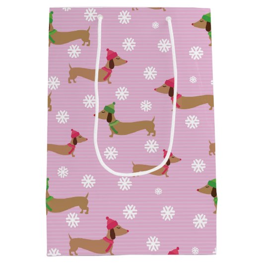 ダックスシャンドクリスマスラッピング紙かわいい雪の結晶 ミディアムペーパーバッグ (裏面)