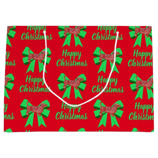 ダックスシャンドダキシークリスマスドッグ&グリーンボウ ラージペーパーバッグ (正面)