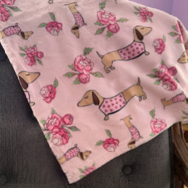 ダックスシャンドピンクフローラ毛布ウィナードッグラブ フリースブランケット