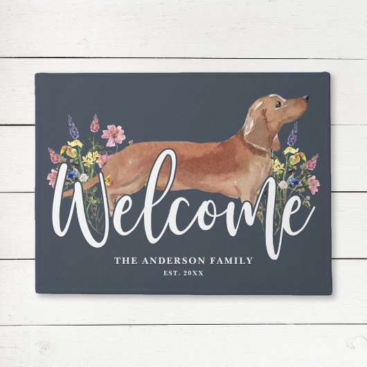 ダックスシャンドワイルドフラワーブルーウェルカム ドアマット