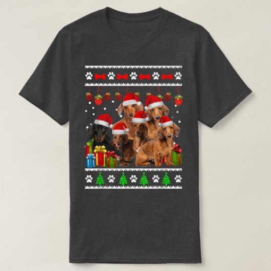 ダックスシュントおもしろい犬クリスマスライツパジャマ Tシャツ (デザイン正面)