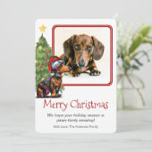 ダックスシュントとクリスマスツリーペットドッグワンフォト シーズンカード (スタンド正面)