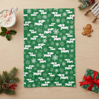 ダックスシュントのクリスマスシェフギフトグリーン キッチンタオル