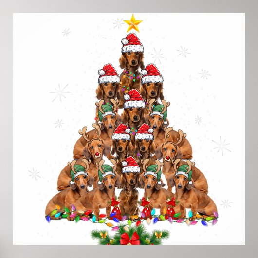 ダックスシュントのクリスマスツリー犬のクリスマスライトパジャマF ポスター (正面)