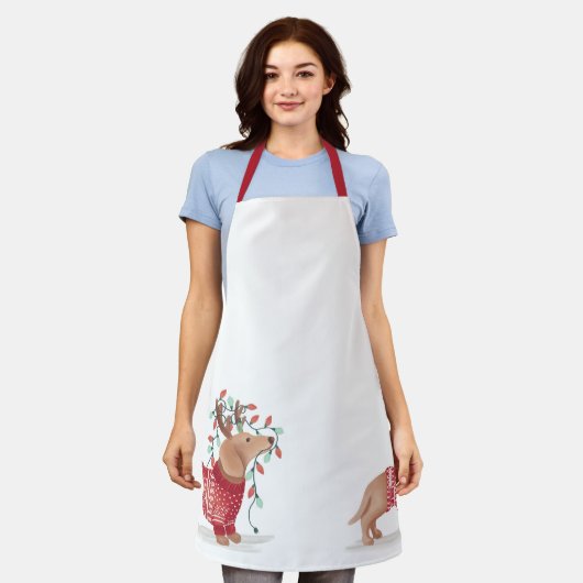 ダックスシュントのクリスマスドッグ居心地の良いセーターとライト エプロン (着用した状態)