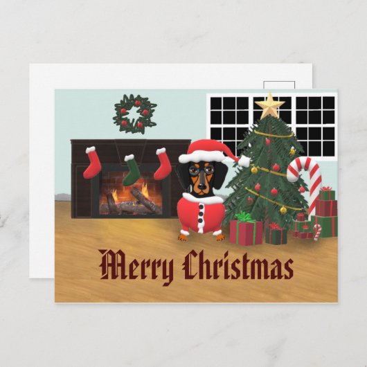 ダックスシュントのサンタメリークリスマスシーン ポストカード (正面/裏面)