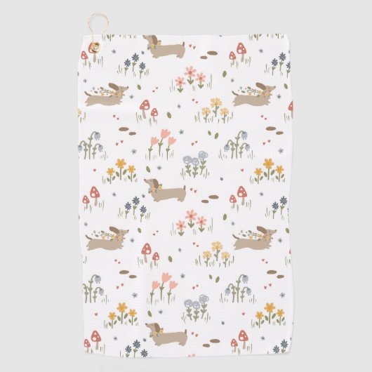 ダックスシュントウィーナードッグソーセージ犬ワイルドフラワー ゴルフタオル (正面)