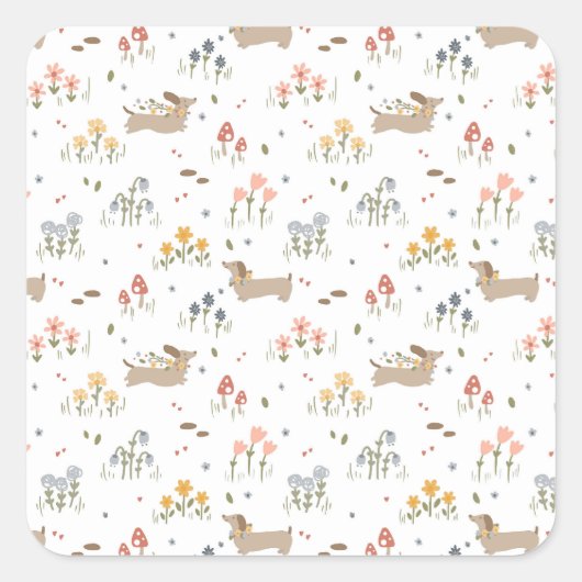 ダックスシュントウィーナードッグソーセージ犬ワイルドフラワー スクエアシール (正面)