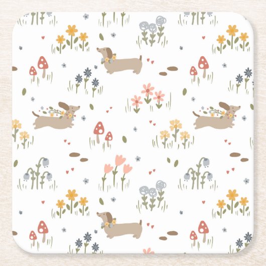 ダックスシュントウィーナードッグソーセージ犬ワイルドフラワー スクエアペーパーコースター (正面)
