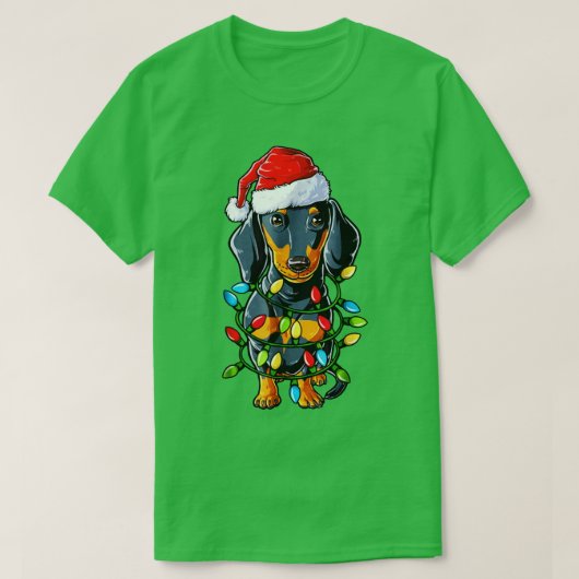 ダックスシュントサンタハットクリスマスライトハッピーホリデー Tシャツ (デザイン正面)