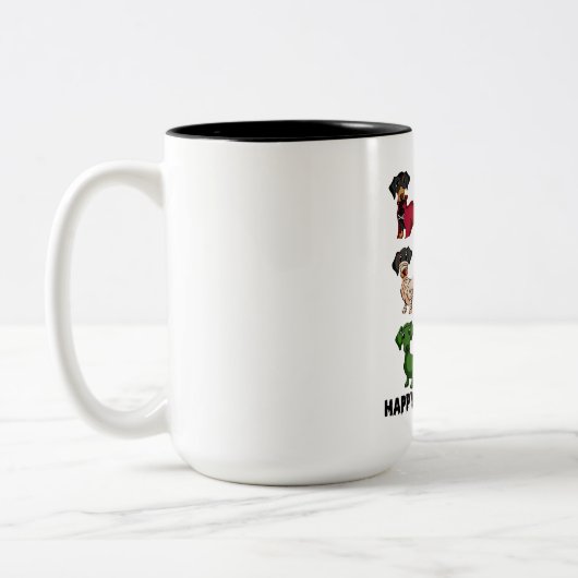 ダックスシュントハッピーハロウィナーおもしろい犬ハロウィーン ツートーンマグカップ (左)