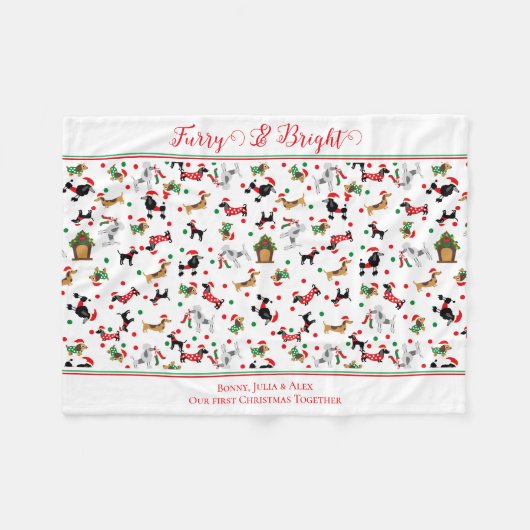 ダックスシュントプードドッグファーリー明るいクリスマス フリースブランケット (正面(横))