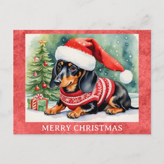 ダックスシュント楽しいクリスマスかわいい子犬 ポストカード (正面)