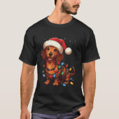 ダックスシュント犬クリスマスライトサンタハットクリスマス雪 Tシャツ (正面)