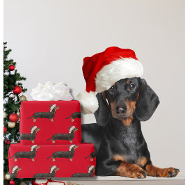 ダックスシュント犬クリスマスレッドサンタハット ラッピングペーパー