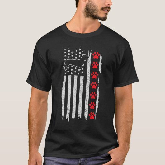 ダックスシュント米国国旗7月4日愛国戦没者 Tシャツ (正面)