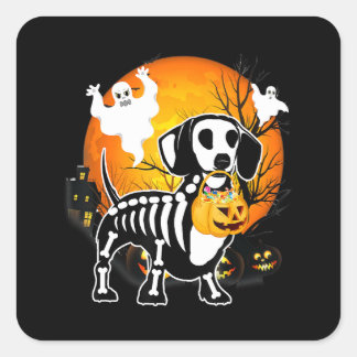 ダックスシュント骨格ハロウィンハッピーパンプキンギフト スクエアシール