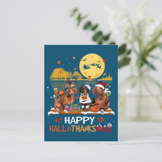 ダックスシュンハッピーハロサンクスマスハロウィンサンクスギフ ポストカード (スタンド正面)