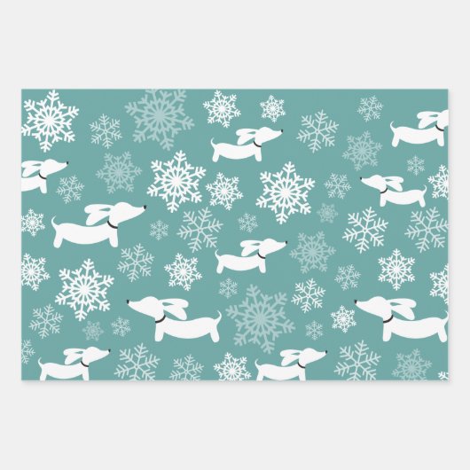 ダックスノードスノーフレークスクリスマスシルバーレッド&ティール(緑がかった色) ラッピングペーパーシート (正面3)