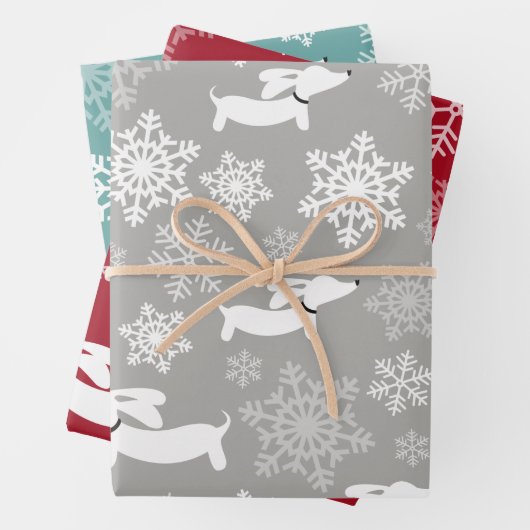 ダックスノードスノーフレークスクリスマスシルバーレッド&ティール(緑がかった色) ラッピングペーパーシート (インサイチュ)