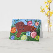 ダックスフントおよび蝶挨拶状 カード (黄色い花)