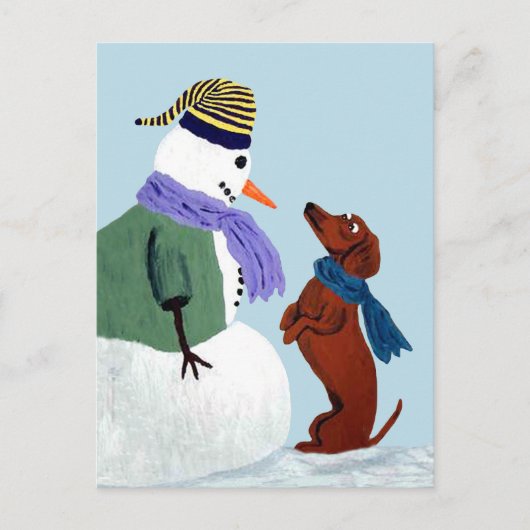 ダックスフントと雪だるまのはがき ポストカード (正面)