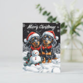 ダックスフントと雪だるまクリスマス シーズンポストカード (スタンド正面)