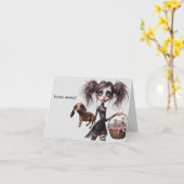 ダックスフントのイースターカードを持つゴシック様式のイースターガール カード (黄色い花)