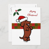 ダックスフントのクリスマスのサンタの帽子 シーズンポストカード (正面/裏面)