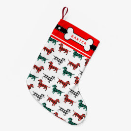 ダックスフントのクリスマスの赤いフランネルの格子縞のDoxies スモールクリスマスストッキング
