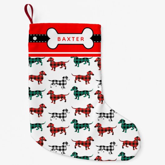 ダックスフントのクリスマスの赤いフランネルの格子縞のDoxies スモールクリスマスストッキング (正面)