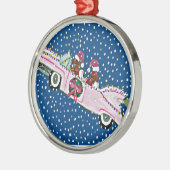 ダックスフントのサンタのクリスマスのピンクキャデラック メタルオーナメント (左)