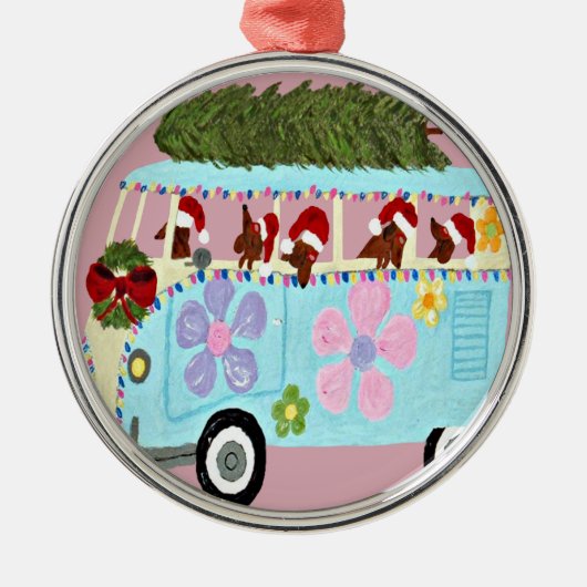 ダックスフントのサンタのクリスマスヴァン メタルオーナメント (正面)