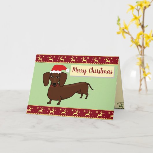 ダックスフントのサンタのメリークリスマス カード (黄色い花)