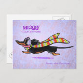 ダックスフントのストライプのな冬のスカーフのクリスマスのカスタム シーズンポストカード (正面/裏面)