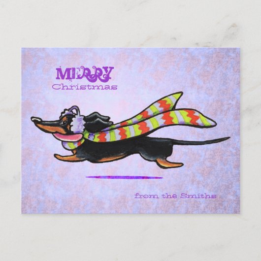 ダックスフントのストライプのな冬のスカーフのクリスマスのカスタム シーズンポストカード (正面)