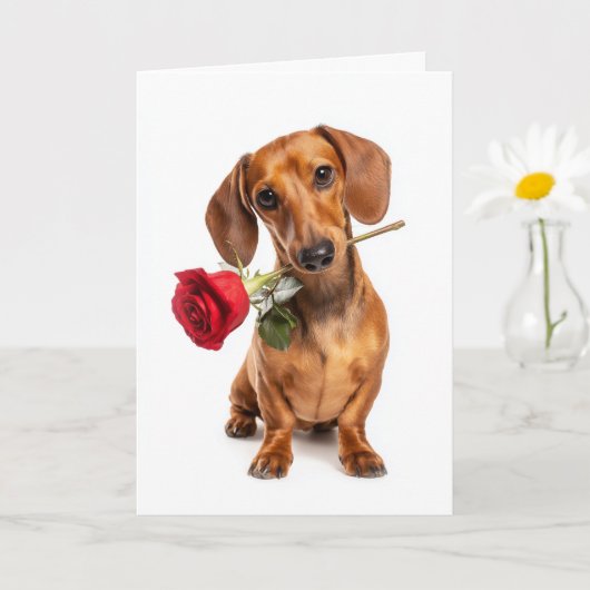 ダックスフントのバレンタインデーの子犬の恋愛とローズ カード (小さな植物)