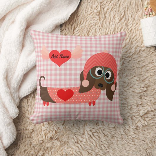 ダックスフントのピンクのギンガムのバレンタインの枕 クッション (ブランケット)